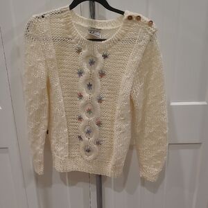 Hand-Knit Cream Cable Sweater with Floral Embroidery
